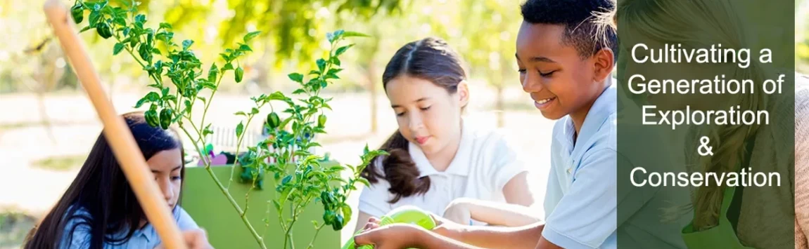 Three students working in a garden